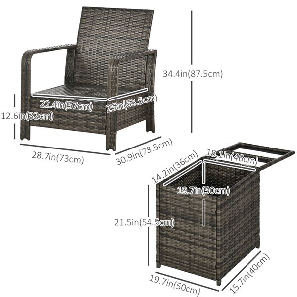 Outsunny 3-Piece Blue Polyester Cushioned Armchair Rattan Bistrot Set with Storage Coffee Table
