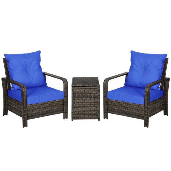 Outsunny 3-Piece Blue Polyester Cushioned Armchair Rattan Bistrot Set with Storage Coffee Table