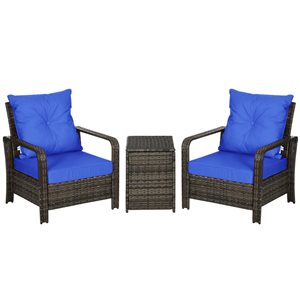 Outsunny 3-Piece Blue Polyester Cushioned Armchair Rattan Bistrot Set with Storage Coffee Table