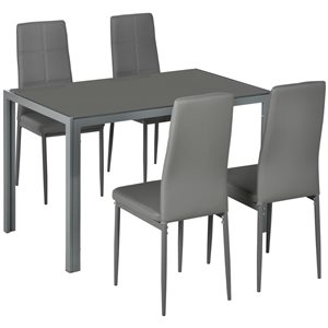 HomCom Rectangular Tempered Glass Kitchen Dining Table Set  with 4 Faux Leather Chairs - Grey