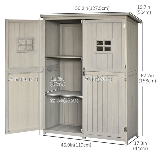 Outsunny 50.2 L x 19.7 W x 62.2/64.6-in H Light Grey Wooden Garden Storage Shed with Windows