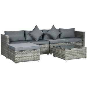 Outsunny 6-Piece Grey PE Wicker Patio Conversation Set with Grey Polyester Cushions  Included