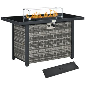 Outsunny Propane Gas 50,000 BTUs Grey Rattan Fire Pit Table with Glass Wind Guard and  Blue Glass Rock