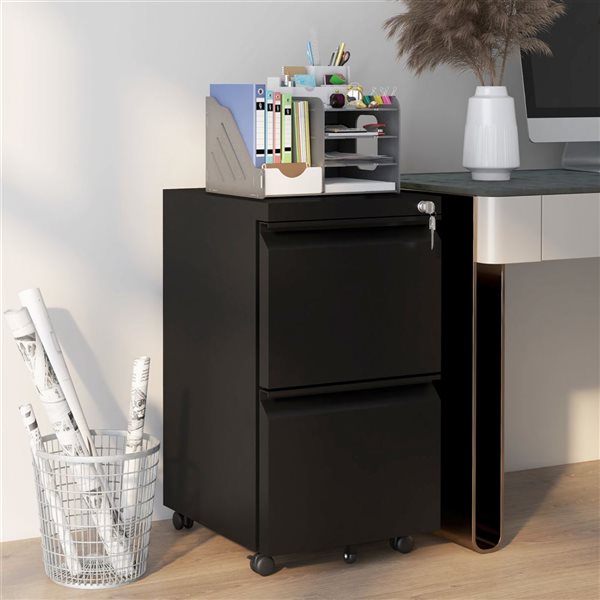 Vinsetto Black Steel 2-Drawer File Cabinet with Lock, Integrated handle and Hanging Bar for Letter and Legal Size