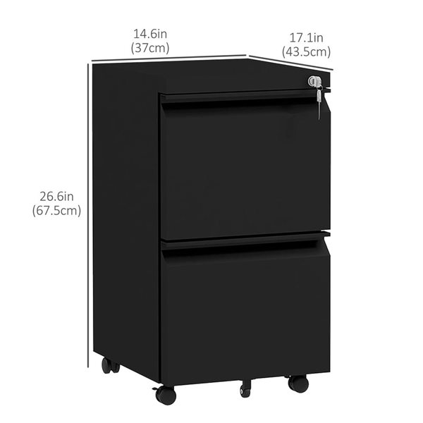 Vinsetto Black Steel 2-Drawer File Cabinet with Lock, Integrated handle and Hanging Bar for Letter and Legal Size