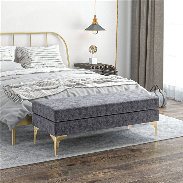 Hocom Grey 48-in End of Bed Bench with 2 Layer Cushions and Steel Legs