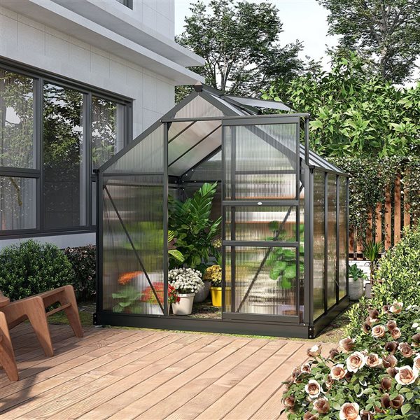 Outsunny Aluminum/Polycarbonate Grey Frame Walk-In Garden Hot Greenhouse - 6.6-ft H x 6.2-ft L