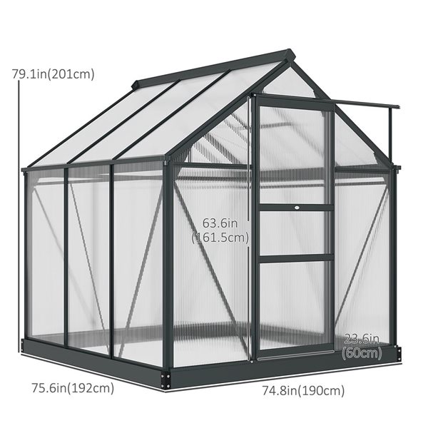 Outsunny Aluminum/Polycarbonate Grey Frame Walk-In Garden Hot Greenhouse - 6.6-ft H x 6.2-ft L