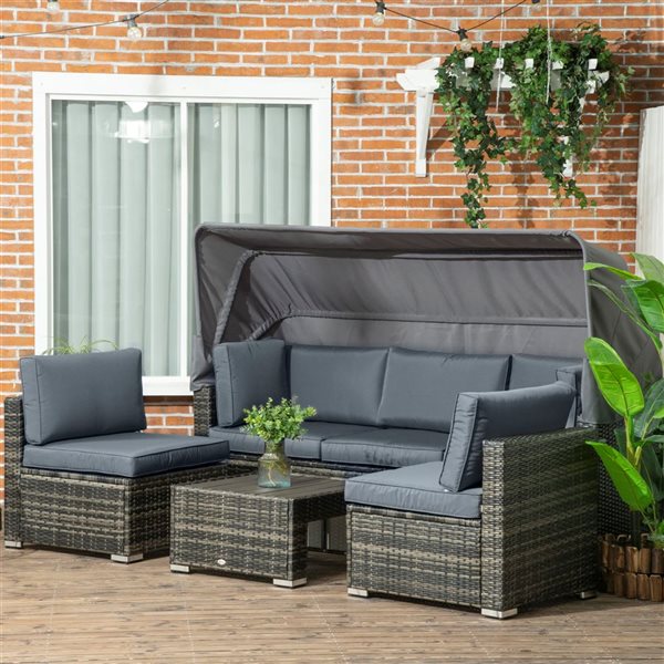 Outsunny 4-Piece Grey PE Wicker Patio Conversation Set with Polyester Cushions and Retractable Canopy Included