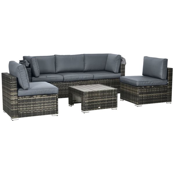 Mobilier extérieur en rotin gris Outsunny 4 pièces, coussins polyester et auvent rétractable inclus