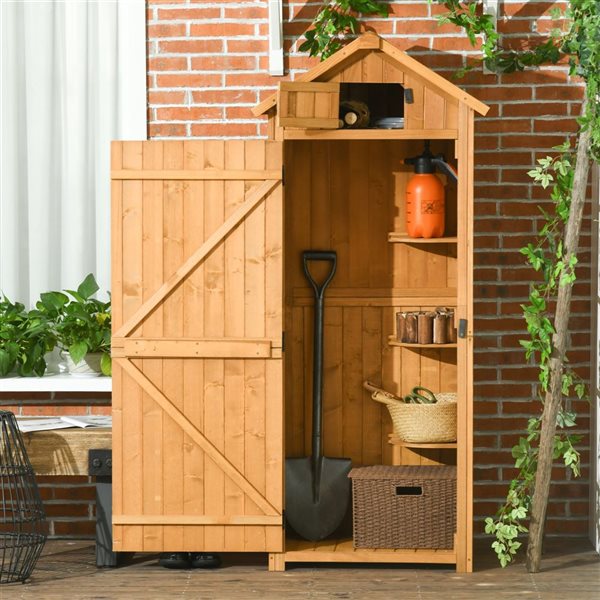 Outsunny 30.3 L x 21.3 W x 70.5 H Brown Wooden Garden Storage Shed with Shelves