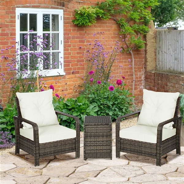 Outsunny 3-Piece Off-White Polyester Cushioned Armchair Rattan Bistrot Set with Storage Cofee Table