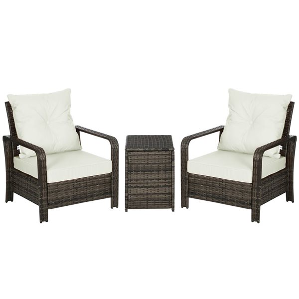 Outsunny 3-Piece Off-White Polyester Cushioned Armchair Rattan Bistrot Set with Storage Cofee Table