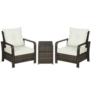 Outsunny 3-Piece Off-White Polyester Cushioned Armchair Rattan Bistrot Set with Storage Cofee Table