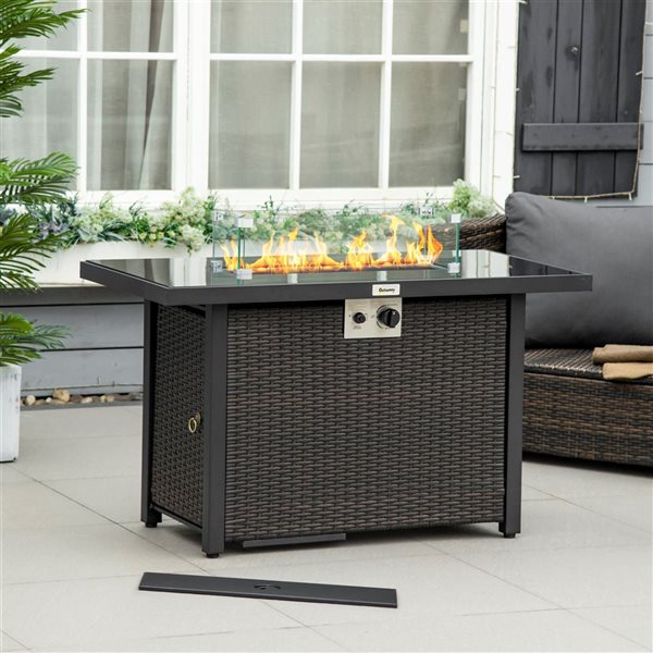 Outsunny Propane Gas 50,000 BTUs Brown Rattan Fire Pit Table with Glass Wind Guard and  Blue Glass Rock