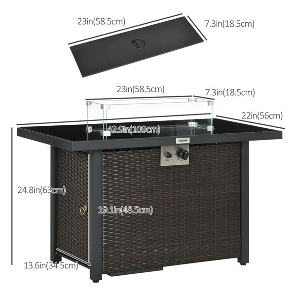 Outsunny Propane Gas 50,000 BTUs Brown Rattan Fire Pit Table with Glass Wind Guard and  Blue Glass Rock