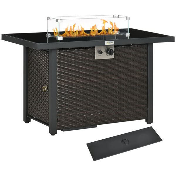 Outsunny Propane Gas 50,000 BTUs Brown Rattan Fire Pit Table with Glass Wind Guard and  Blue Glass Rock