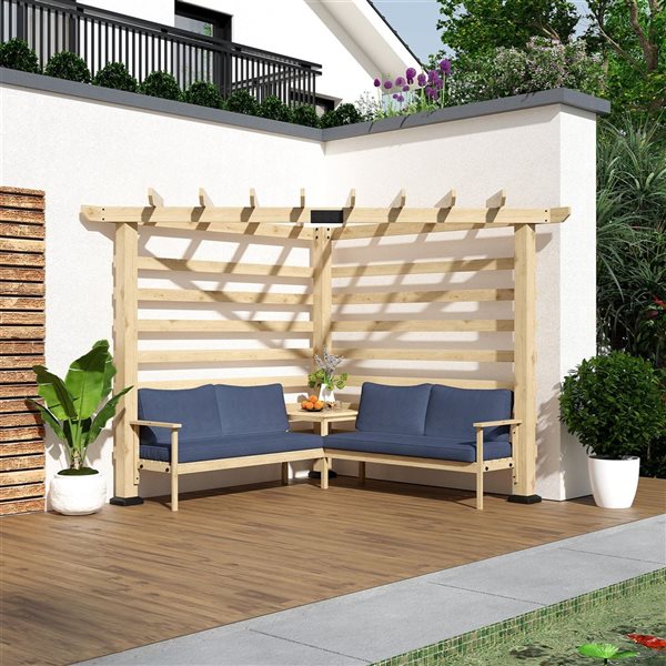 Pergola angulaire Outsunny en bois naturel et bleu avec ensemble de conversation 8,7 L x 8,7 L x 7,8 pi h.