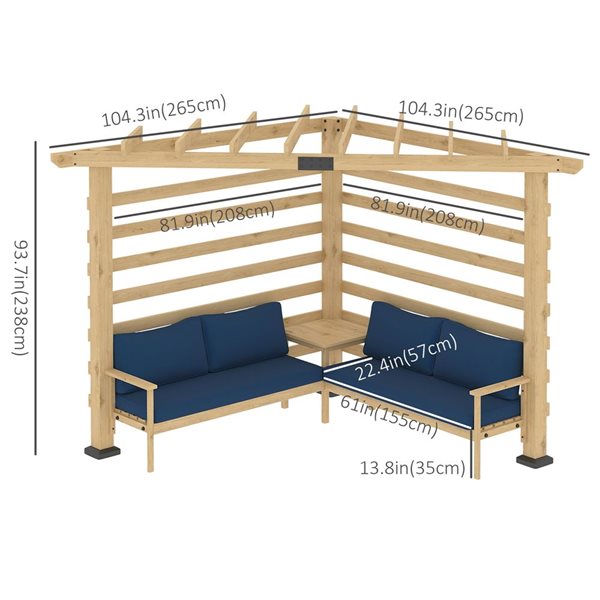 Pergola angulaire Outsunny en bois naturel et bleu avec ensemble de conversation 8,7 L x 8,7 L x 7,8 pi h.