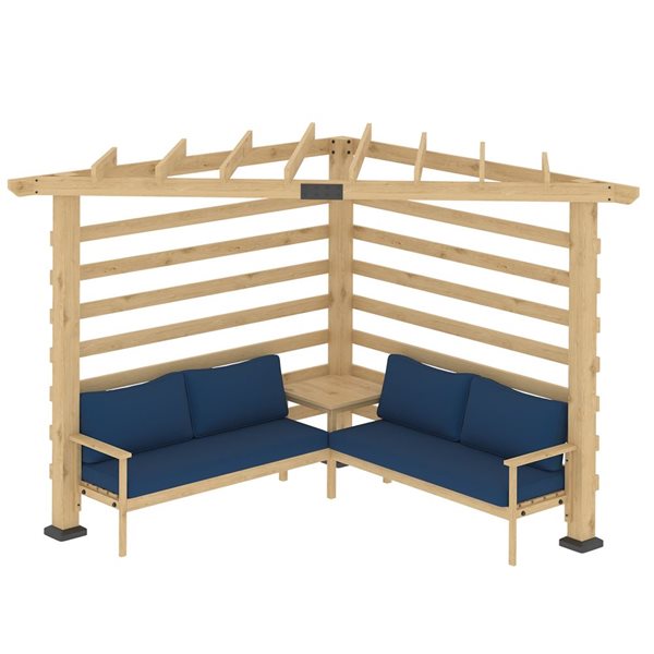 Pergola angulaire Outsunny en bois naturel et bleu avec ensemble de conversation 8,7 L x 8,7 L x 7,8 pi h.