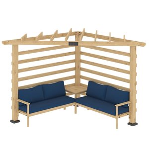 Pergola angulaire Outsunny en bois naturel et bleu avec ensemble de conversation 8,7 L x 8,7 L x 7,8 pi h.