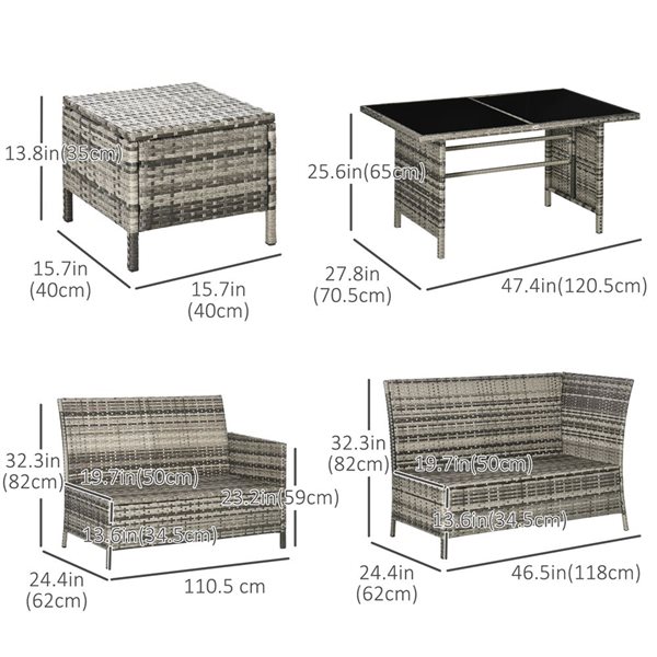 Outsunny 6-Piece Outdoor Sectionnal Rattant Sofa Set with Dining Table and Blue Polyester cushions