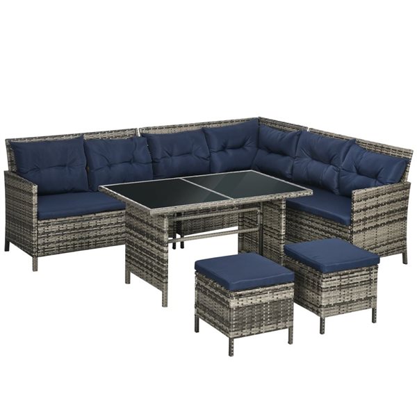 Outsunny 6-Piece Outdoor Sectionnal Rattant Sofa Set with Dining Table and Blue Polyester cushions