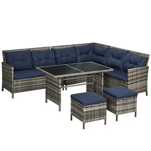 Ensemble modulaire à 6 morceaux de jardin en rotin Outsunny avec table de salle à manger et coussins en polyester bleu