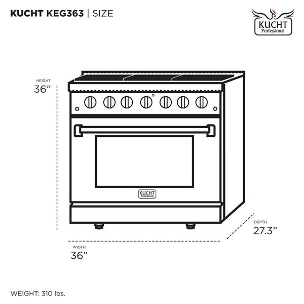 Cuisinière commerciale biénergie KEG Gemston de KUCHT 36 po 6 brûleurs four convection 5,2 pi³, acier inoxydable noir