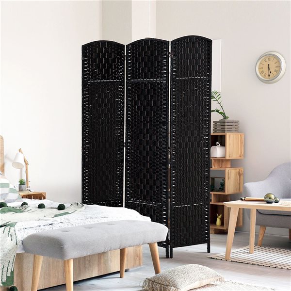 HOMCOM 17.7-in x 70.9-in Black Double Hinged Woven Wicker Room Divider and Privacy Screens