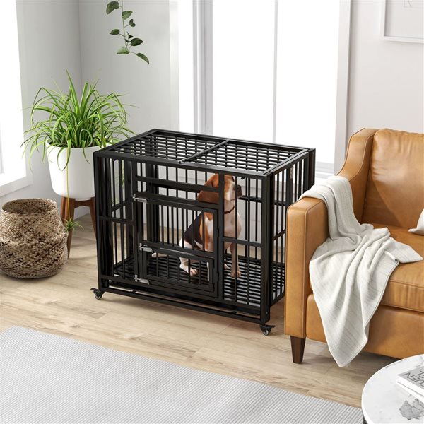 PawHut 37-in Heavy Duty Foldable Double Doors Medium and Small Dog Crate with Wheels