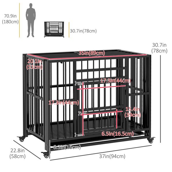 PawHut 37-in Heavy Duty Foldable Double Doors Medium and Small Dog Crate with Wheels