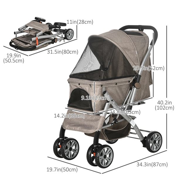 PawHut 4 EVA Wheels Beige Pet Stroller with Reversible Handle and Basket Storage Bag