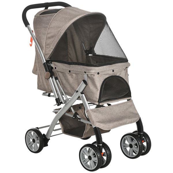 PawHut 4 EVA Wheels Beige Pet Stroller with Reversible Handle and Basket Storage Bag