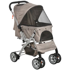 PawHut 4 EVA Wheels Beige Pet Stroller with Reversible Handle and Basket Storage Bag