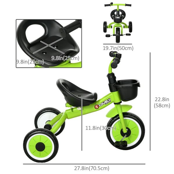 Tricycle pour enfants Qaba, 22,8 po, vert