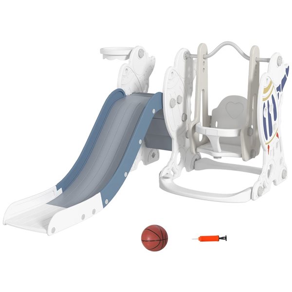 Qaba White and Blue 3-in-1 Toddler Swing and Slide Set with Basketball Hoop