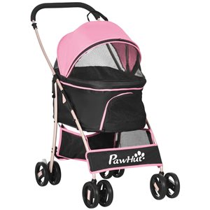 PawHut 4 Wheels Black and Pink 3-in-1 Folding Pet Stroller with Detachable Canopy and Brake
