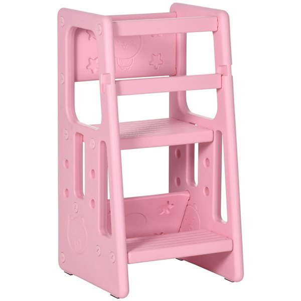 Qaba 2 Step Pink  Toddler Kitchen Helper Stool with Adjustable Height Platform and Safety Rail