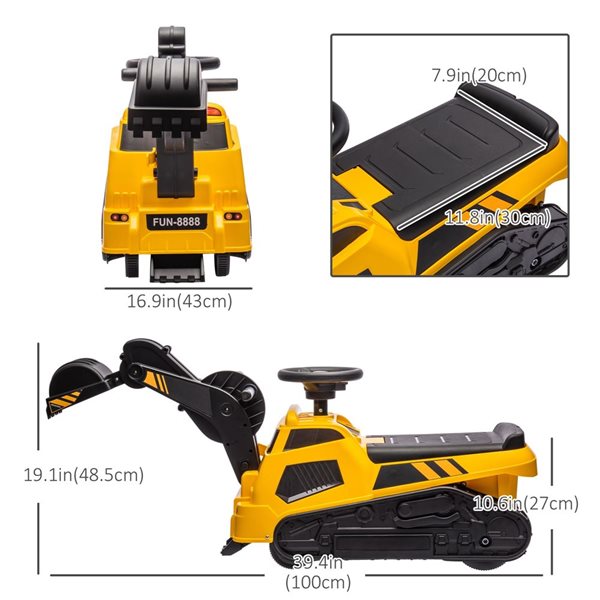 Aosom 3 in 1 Ride on Excavator Bulldozer Road Roller, No Power Pretend Play Construction with Music, for 18-48 Months, Yellow