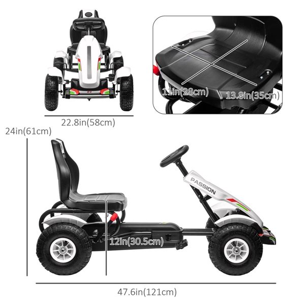 Aosom White 4 Rubber Wheels Pedal Go Kart for Kids with Adjustable Bucket