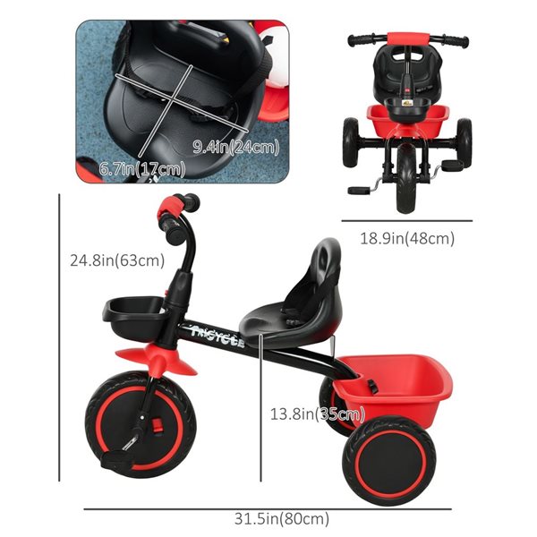 Qaba Red Toddler Bike with Adjustable Seat with Basket and Bell