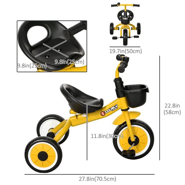 Qaba Yellow Toddler Bike with Adjustable Seat with Basket and Bell