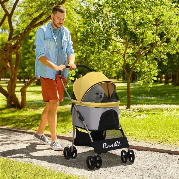 PawHut 4 Wheels Yellow and Grey 3-in-1 Folding Pet Stroller with Detachable Canopy and Brake