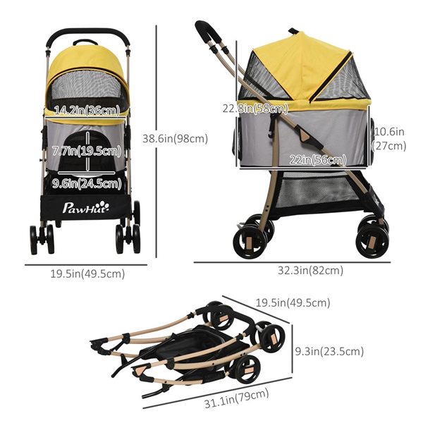 PawHut 4 Wheels Yellow and Grey 3-in-1 Folding Pet Stroller with Detachable Canopy and Brake