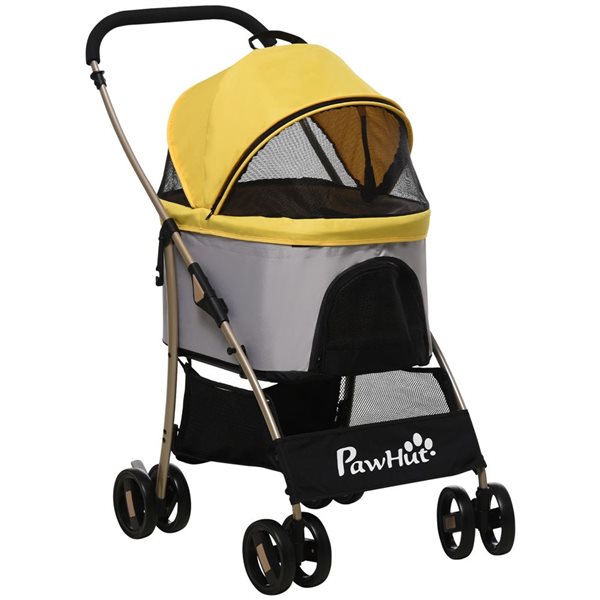 PawHut 4 Wheels Yellow and Grey 3-in-1 Folding Pet Stroller with Detachable Canopy and Brake