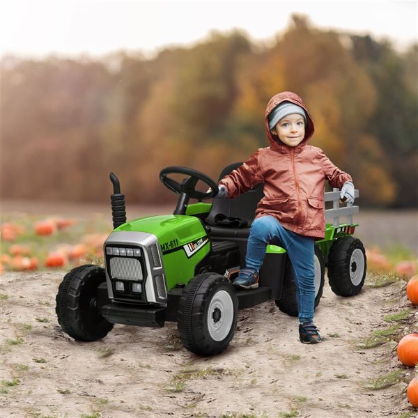 Tracteur pour enfants par Aosom, avec remorque et télécommande, 12 V, vert