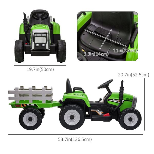 Tracteur pour enfants par Aosom, avec remorque et télécommande, 12 V, vert