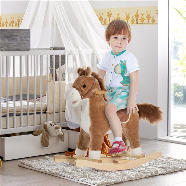 Qaba Brown Rocking Plush Horse on Wooden Rockers with Sounds