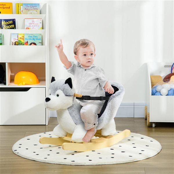 Cheval à bascule en peluche husky pour enfants par Qaba, base en bois